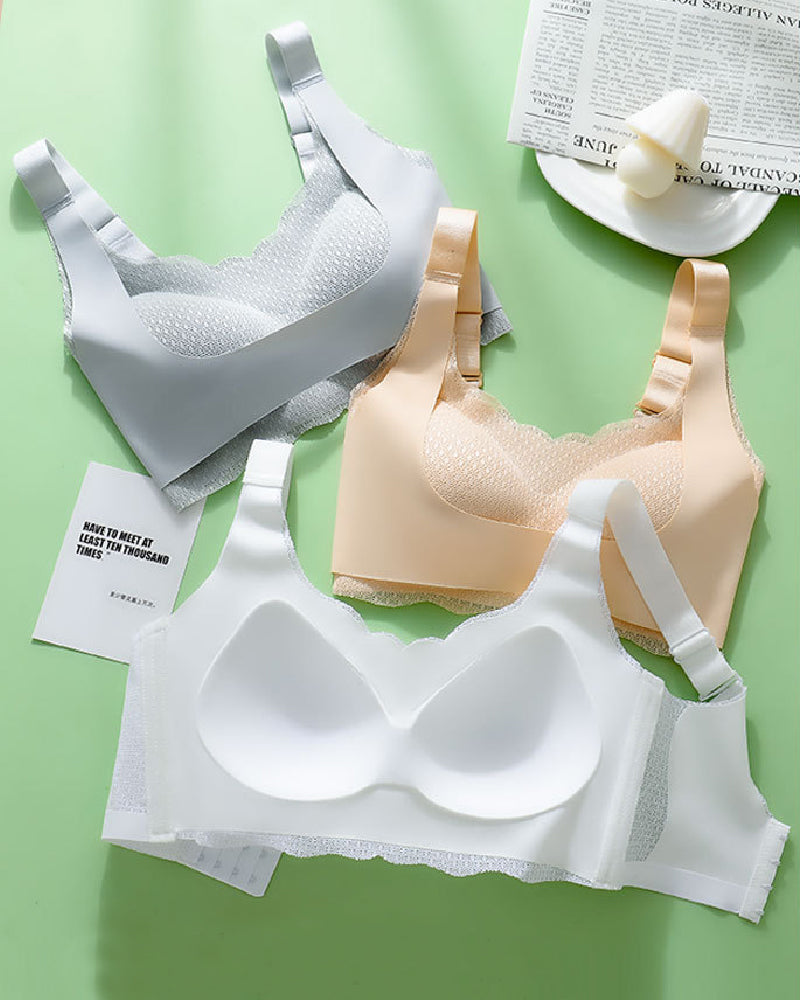 Sosten sin Costuras Copa Completa Fija Ultra Delgado Encaje Sexy Push Up con Ribete Ondulado Bralette