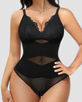 Body de mujer con control de abdomen, escote en V, tanga, corsé modelador, camisetas de encaje moldeadoras