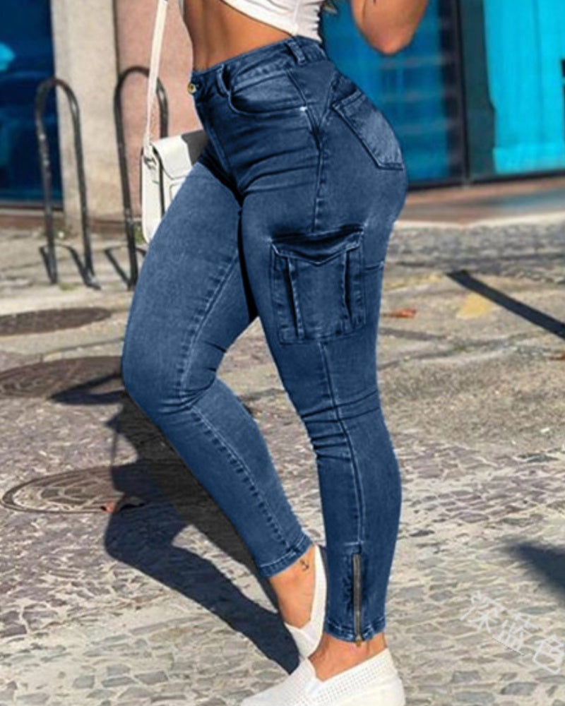 Jeans Skinny Cargo Multibolsillos a la Moda Sexy Vintage