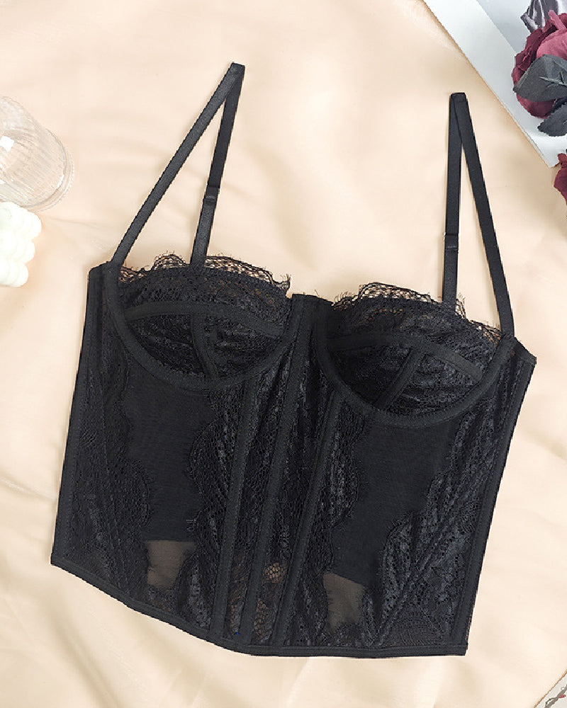 Corset de Encaje Transparente con Push Up para Mujer, Top Bustier con Ballenas y Tirantes, Top Corto Sexy