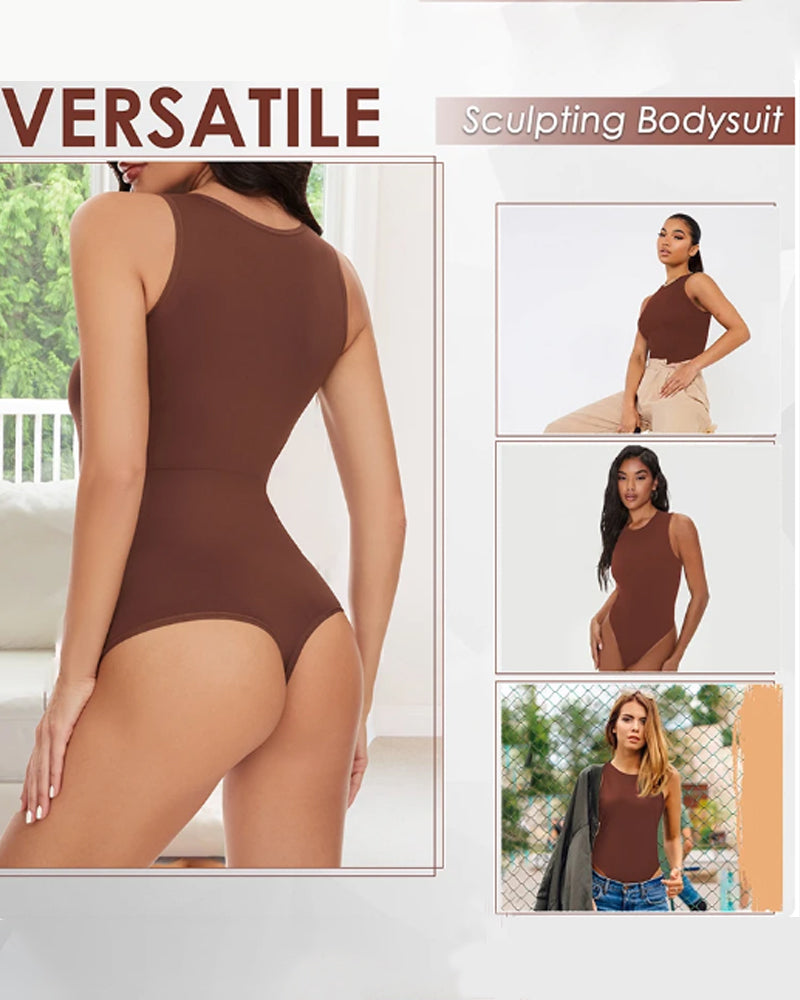Top sin costuras con espalda racer, control de abdomen y cuello redondo - Bodysuit
