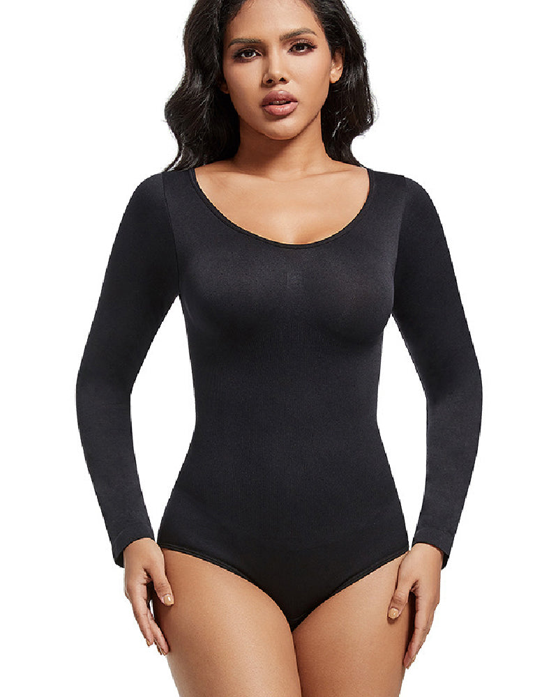 Top body tipo corset de manga larga sin costuras con escote redondo, stretch y mono tipo triángulo