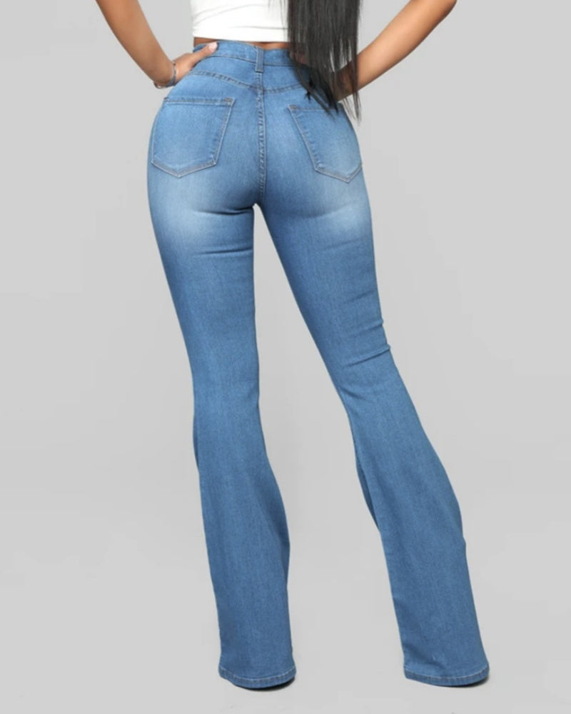 Jeans de Moda de Cintura Alta, Levanta Caderas, Ajustados y Acampanados Lavados