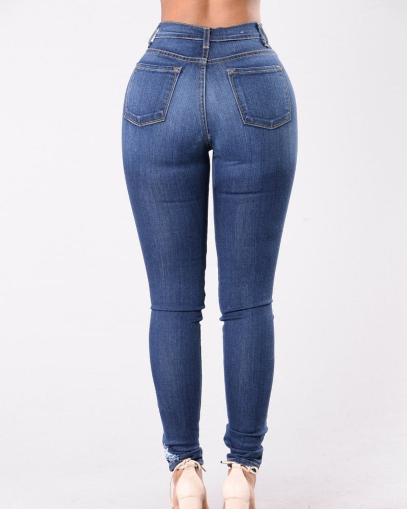 Jeans Ajustados de Cintura Alta, Elásticos, Suaves, de Corte Slim, Estilo Retro Desgastado
