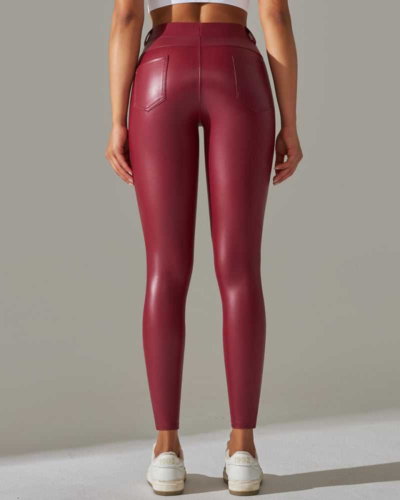 Pantalones de cuero PU de cintura alta ajustados para deportes y yoga slim