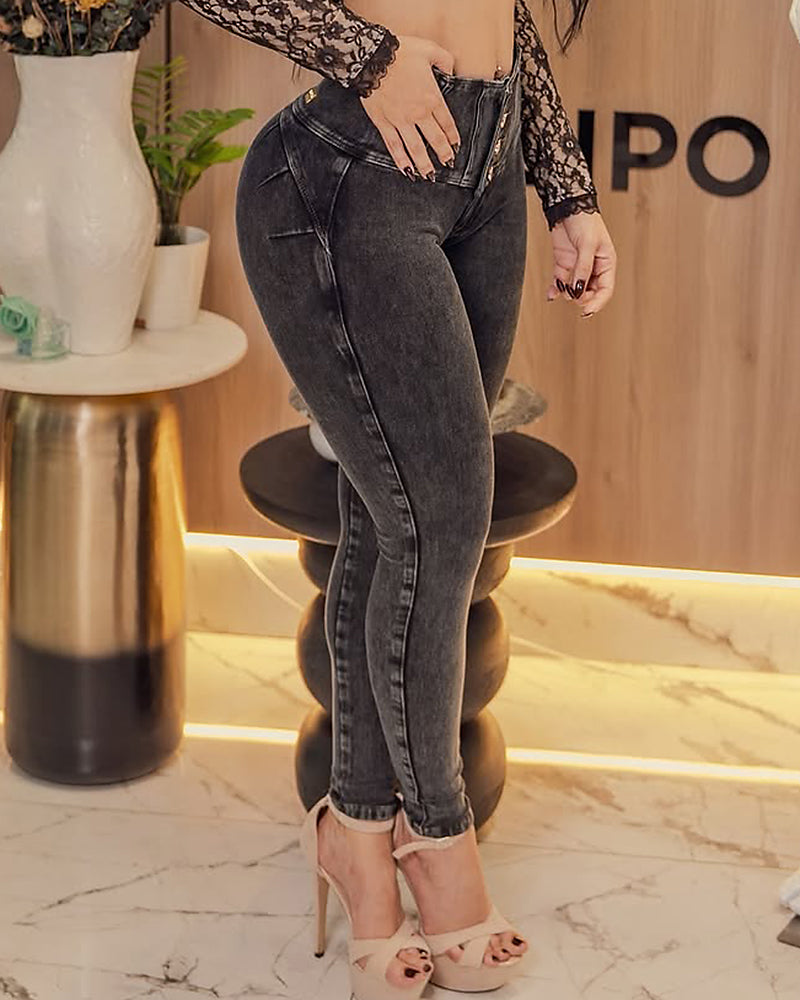 Shapshe® Jeans Vintage Desgastados con Control de Abdomen y Múltiples Botones para Mujer