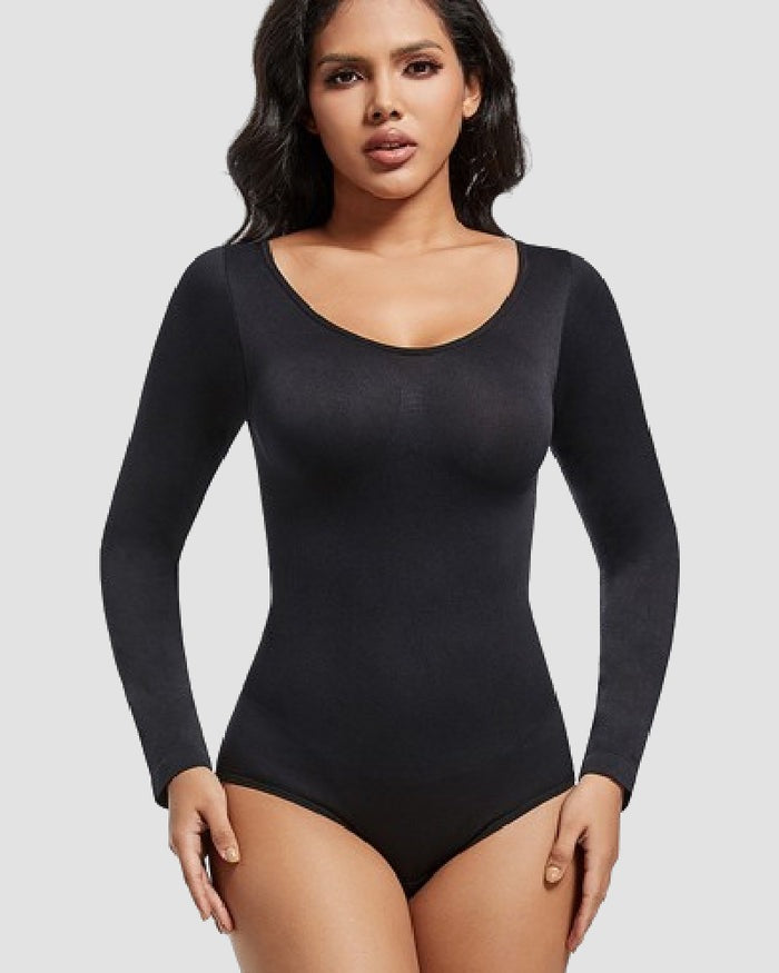Top body tipo corset de manga larga sin costuras con escote redondo, stretch y mono tipo triángulo