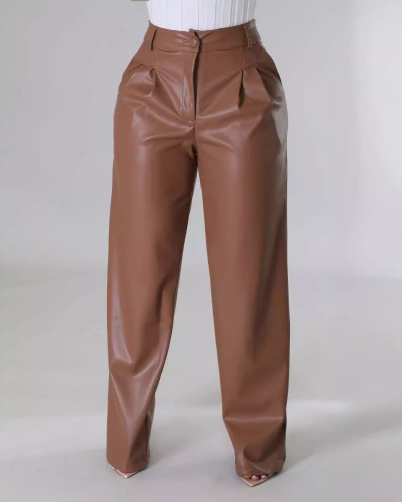 Pantalones Casual de Cuero Sintético con Bolsillos, Pierna Ancha y Corte Suelto