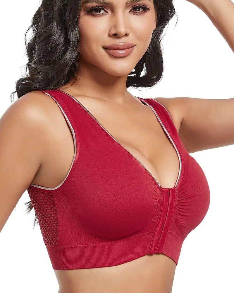 Sostén Deportivo Sin Aros para Mujer Talla Plus con Hebilla Frontal, Sólido, Transpirable y con Diseño Hueco