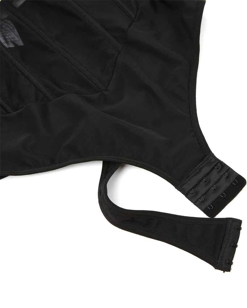 Body de mujer con corset de malla transparente, control de abdomen, tanga y espalda descubierta