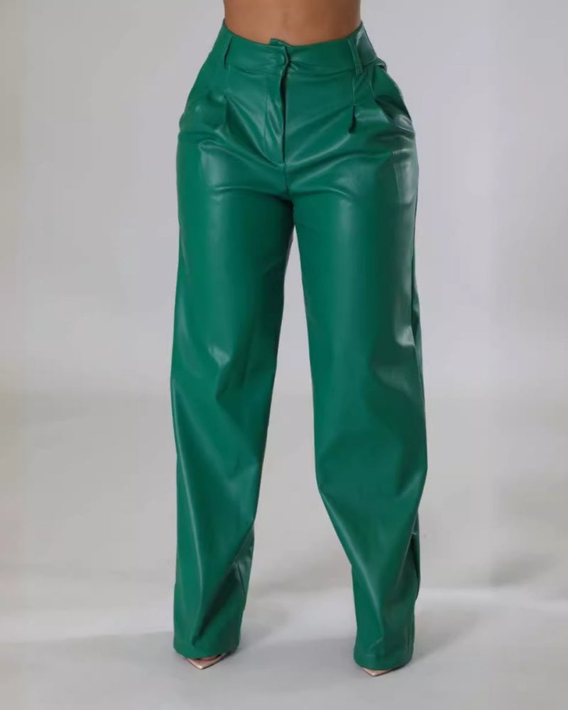 Pantalones Casual de Cuero Sintético con Bolsillos, Pierna Ancha y Corte Suelto