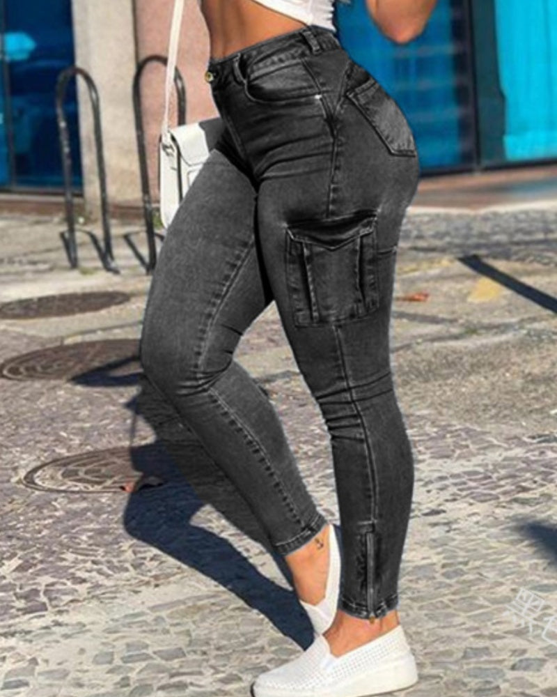 Jeans Skinny Cargo Multibolsillos a la Moda Sexy Vintage