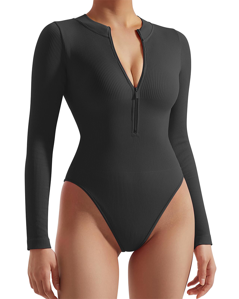 Body ajustado de canalé con escote triangular, manga larga y cierre frontal con cremallera