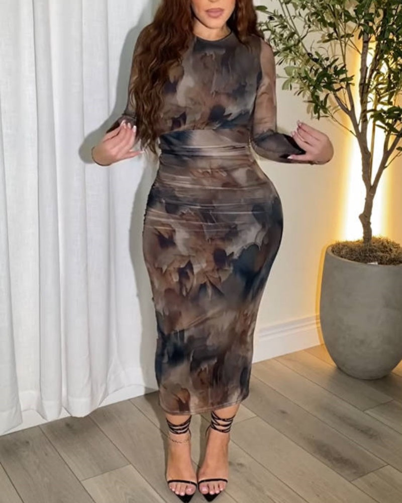 Vestido Midi Bodycon de Malla con Mangas Largas Tie Dye
