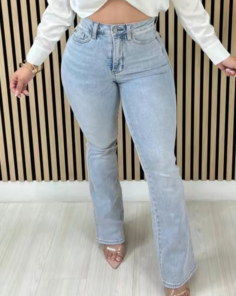 Jeans Acampanados de Cintura Alta Lavados con Control de Abdomen Elegantes