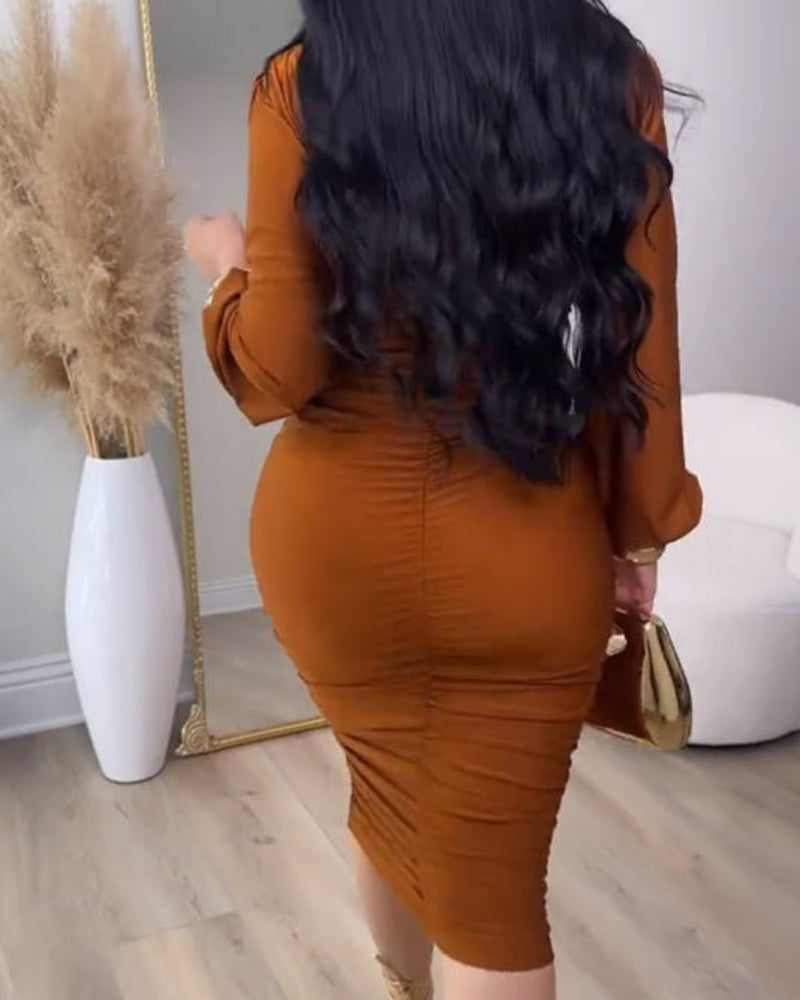 Vestido Midi Ajustado con Escote en V Profundo, Mangas Largas y Fruncido