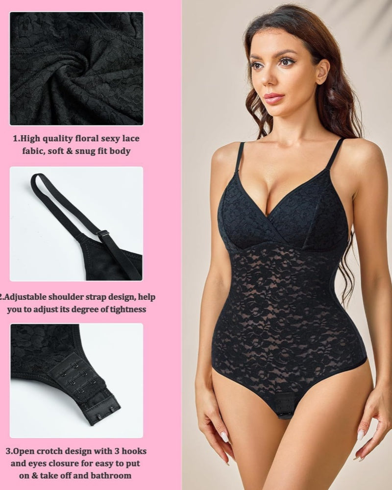 Body de encaje sexy moldeador con control de abdomen y tanga