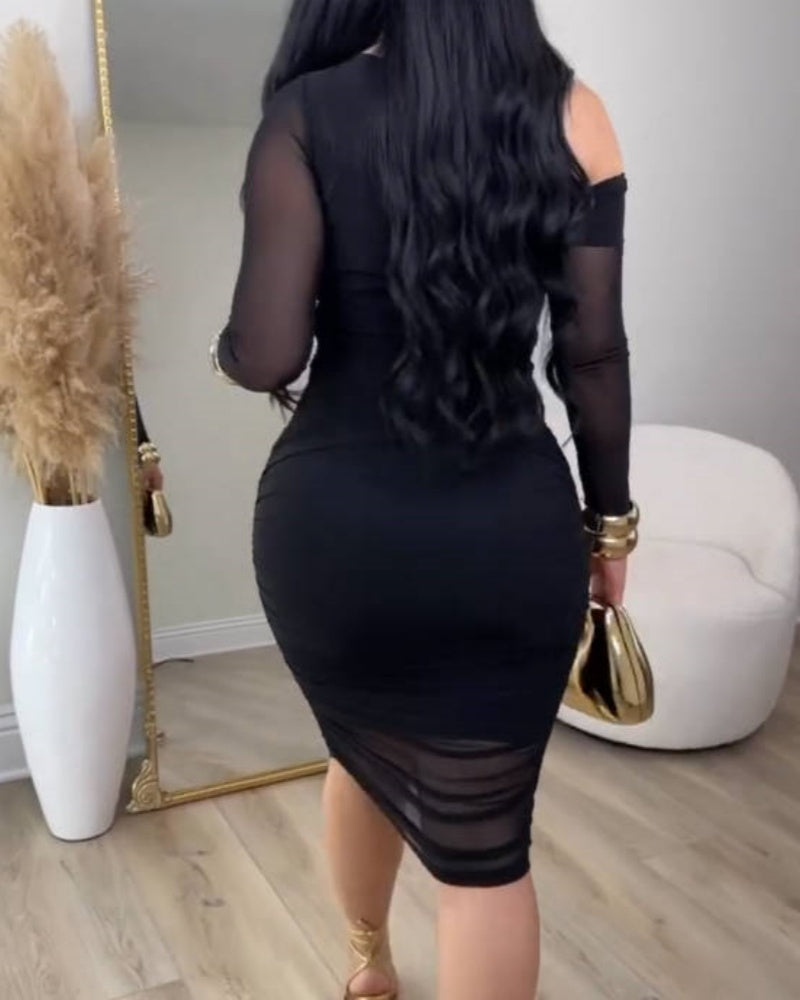 Vestido Midi Ajustado de Malla con Cuello Inclinado Elegante y Mangas Largas