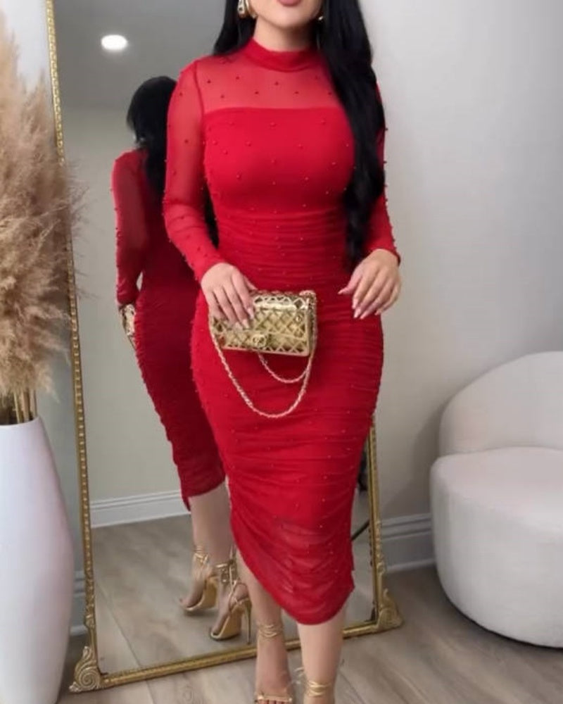 Vestido Midi Ajustado con Paneles de Malla Elegante, Fruncido y Cuello Simulado