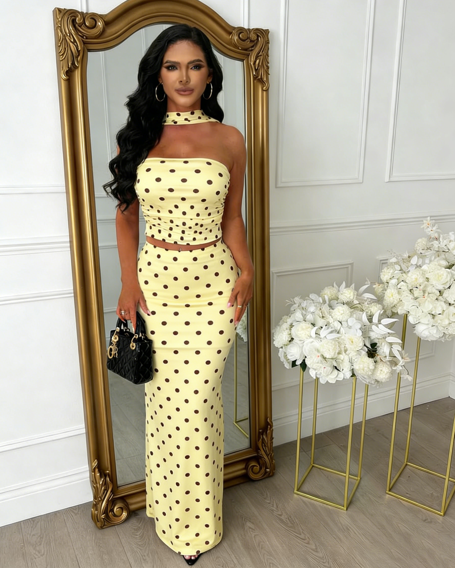 Conjunto de Vestido Ajustado con Lunares