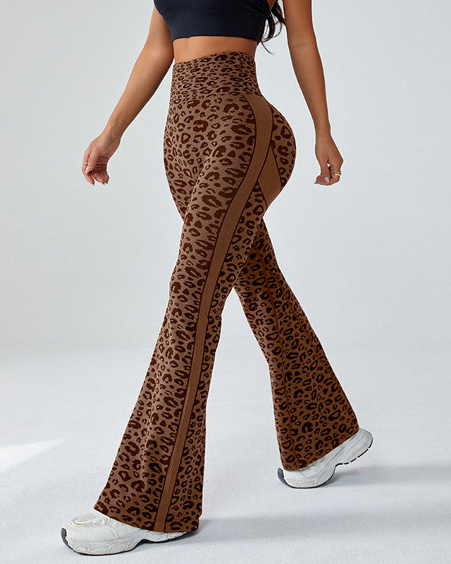 Pantalones deportivos acampanados de tiro alto con estampado de leopardo que realzan las caderas para yoga y fitness