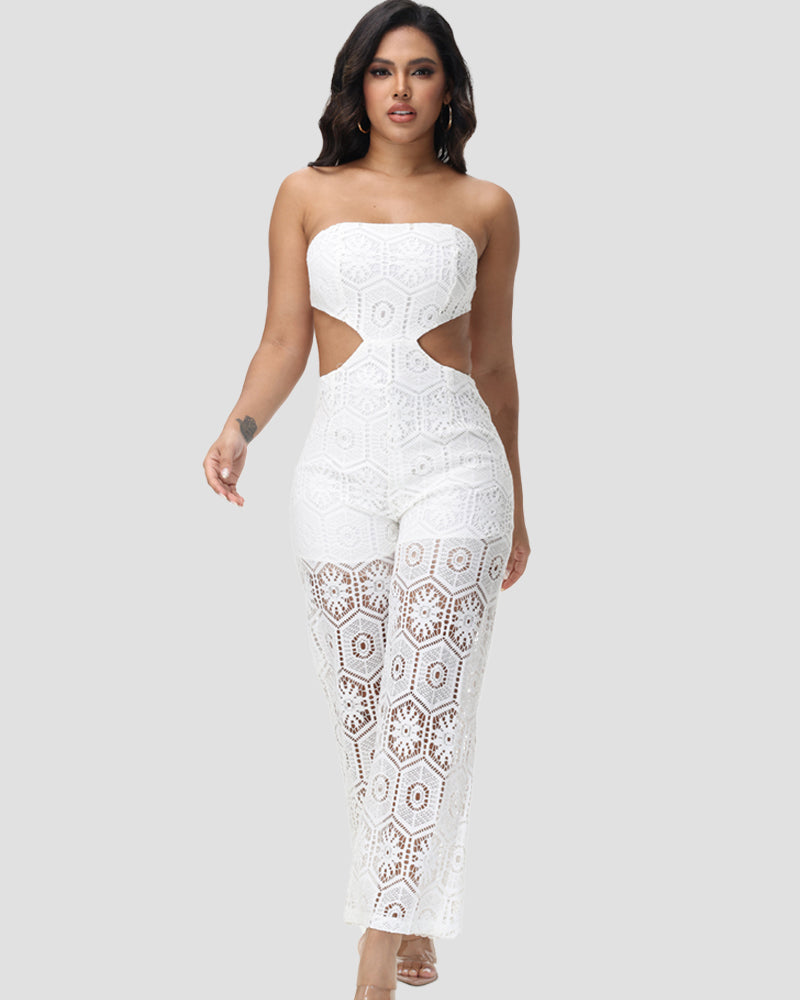 Mono Chic sin Tirantes de Encaje con Corte en la Cintura y Diseño Geométrico