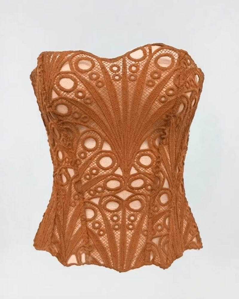 Corset Sexy de Encaje con Malla, Capas Dobles, Control de Abdomen y Lazo Trasero