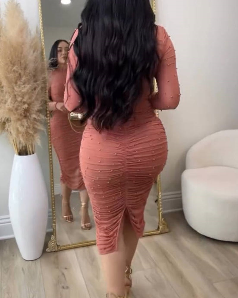 Vestido Midi Ajustado con Paneles de Malla Elegante, Fruncido y Cuello Simulado