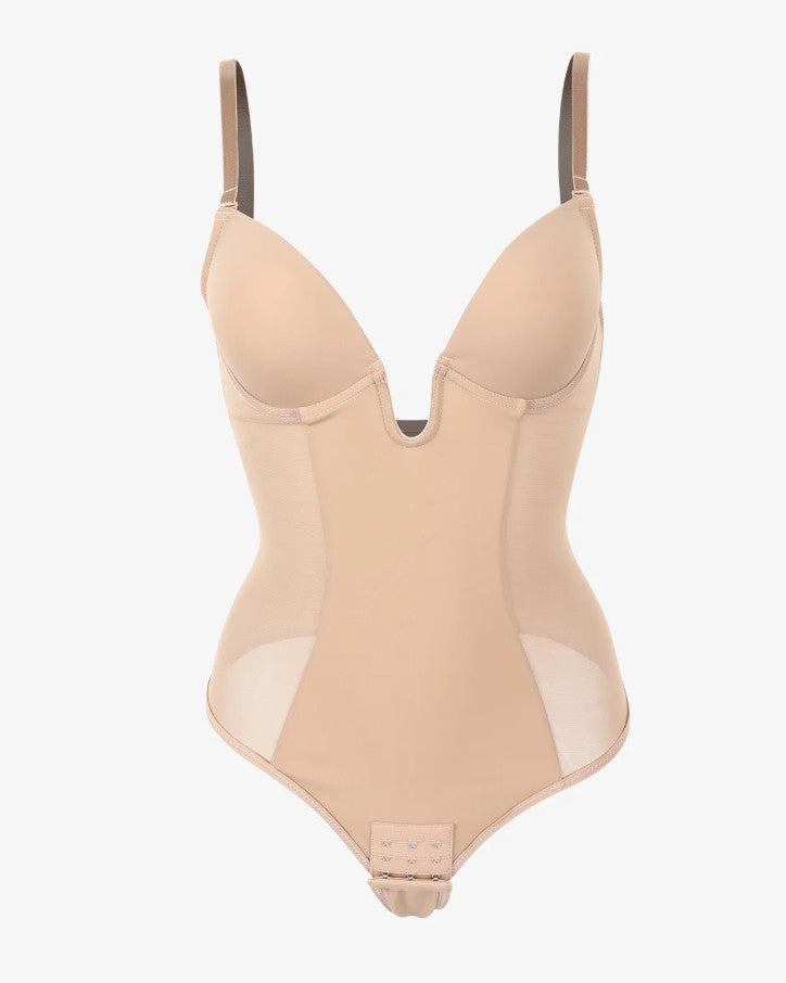 Body de malla con escote profundo, espalda descubierta y tanga moldeadora sexy