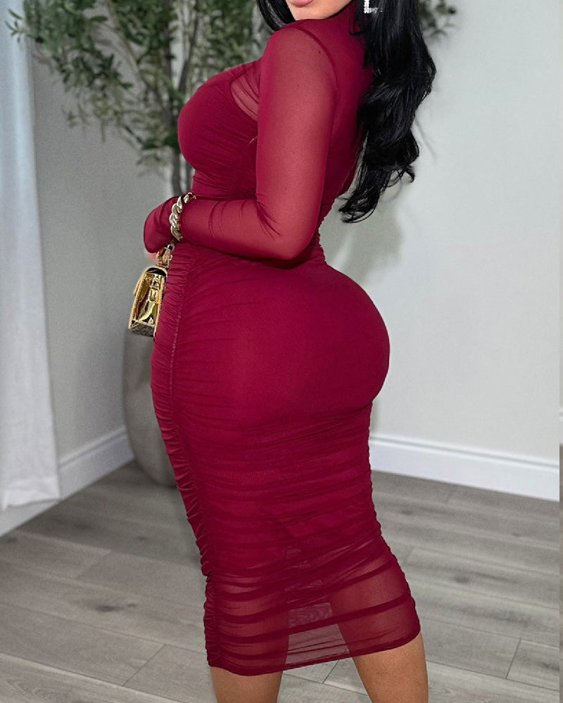 Women's Ruched Mesh Sheer Mock Neck Long Sleeve Midi Bodycon Dress