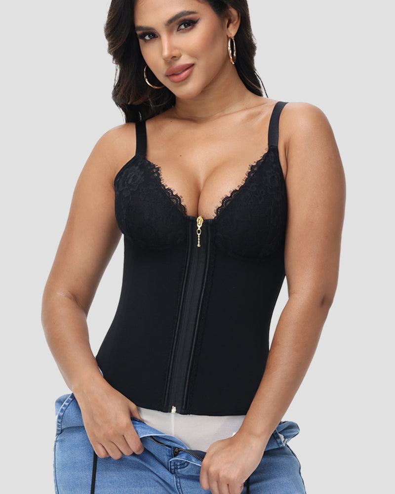 Shapshe® Top Corset de Encaje con Escote en V Profundo, Cinturilla Entrenadora con Cierre Frontal
