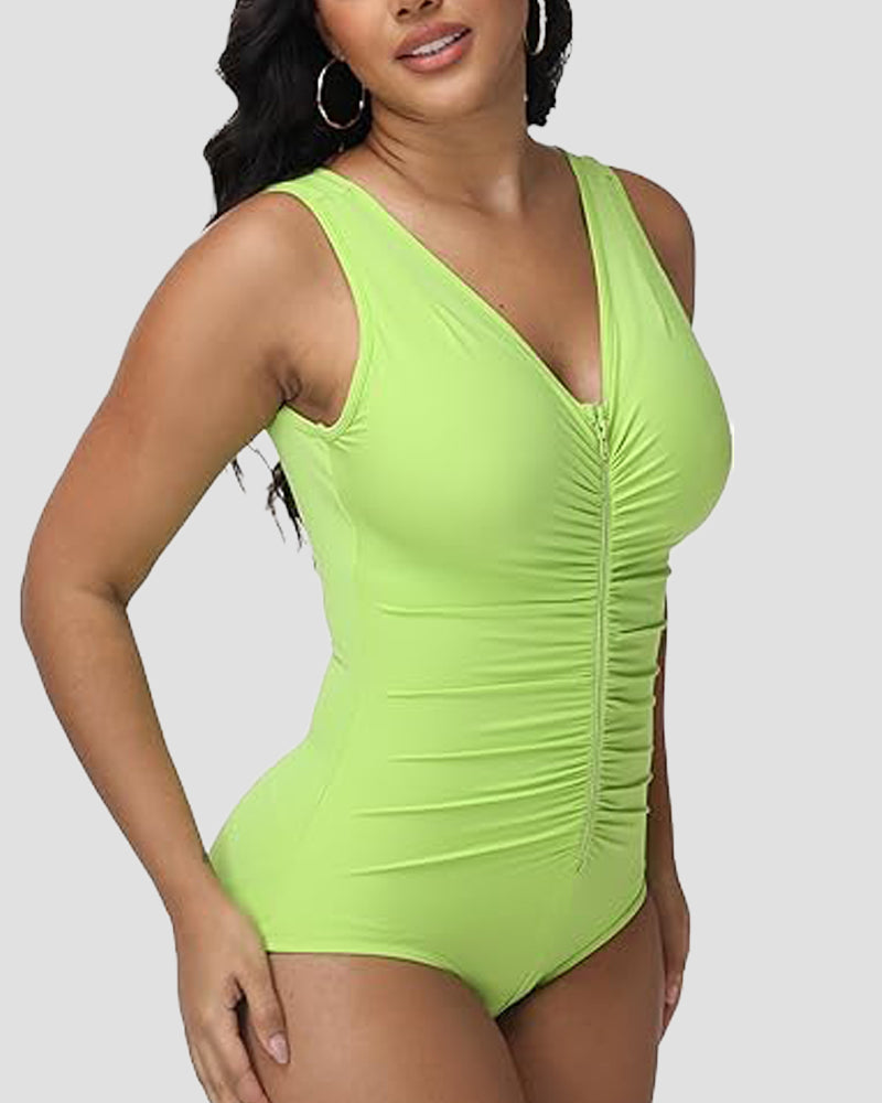 Shapshe® Traje de baño de una pieza con escote en V profundo, fruncido y control de abdomen