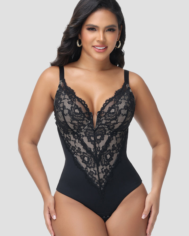 Shapshe® Body moldeador sexy con escote profundo y encaje, con cierre de gancho en la entrepierna