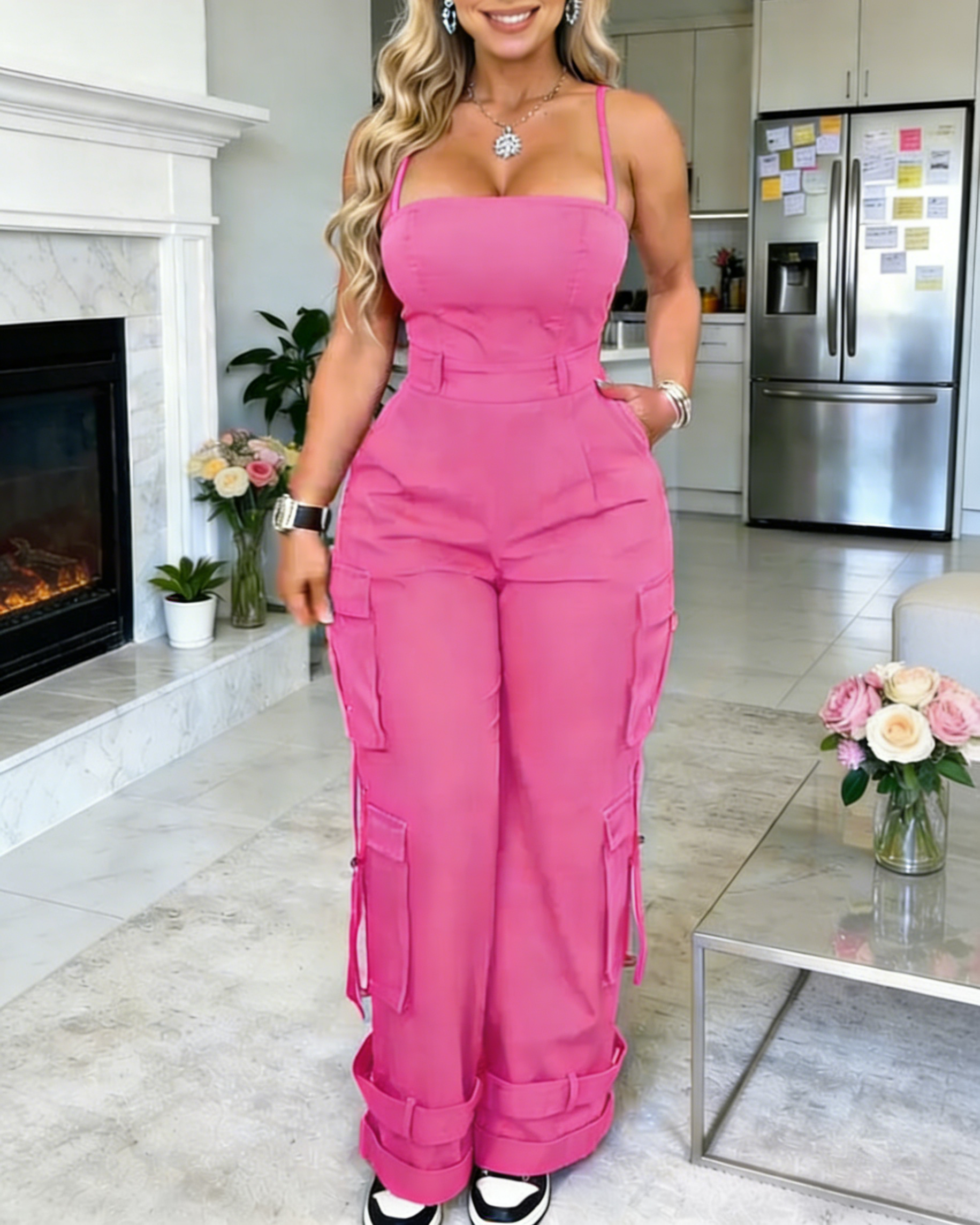 Mono de pierna ancha con bolsillos para mujer casual, curvy, holgado, estilo cargo, enterizo, peto