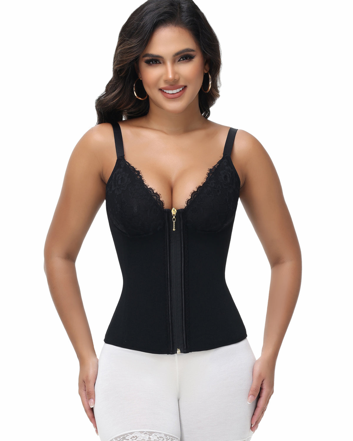Shapshe® Top Corset de Encaje con Escote en V Profundo, Cinturilla Entrenadora con Cierre Frontal