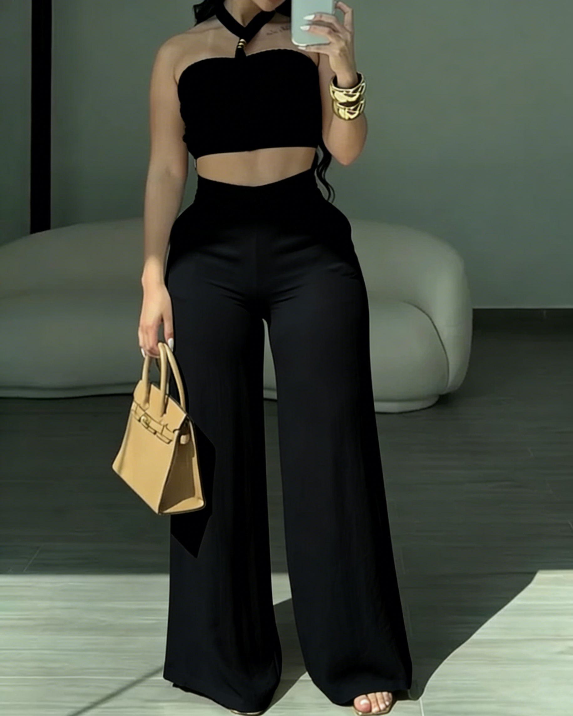 Conjunto de Dos Piezas con Cinta Trenzada y Pantalones Acampanados