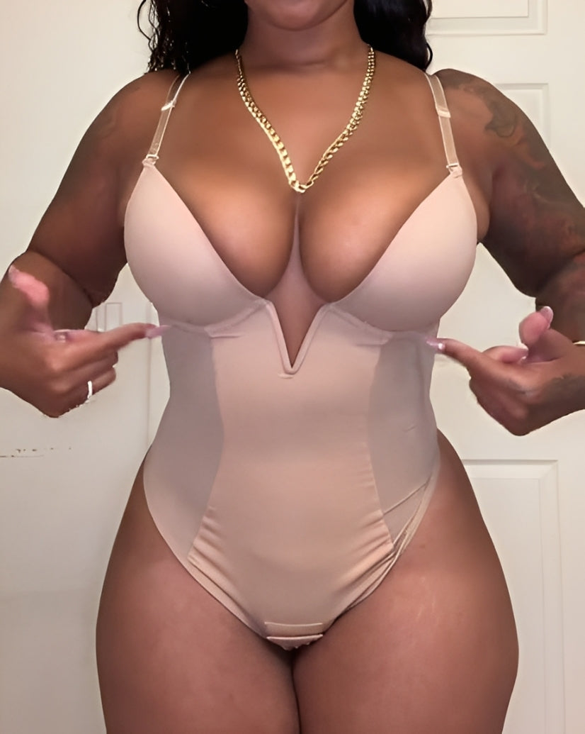 Body de malla con escote profundo, espalda descubierta y tanga moldeadora sexy