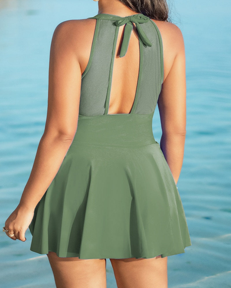 Traje de baño de talla grande con cuello halter, panel de malla, control de abdomen y lazo lateral