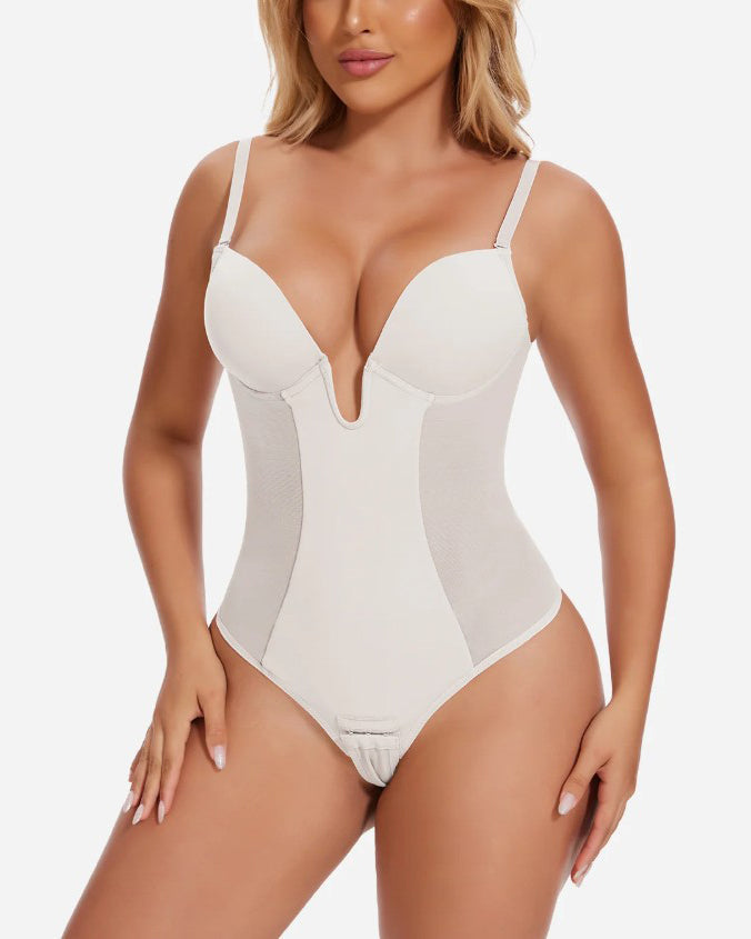 Body de malla con escote profundo, espalda descubierta y tanga moldeadora sexy