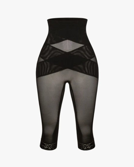 Pantalones Moldeadores de Malla Transparente con Encaje y Cintura Alta para Mujer