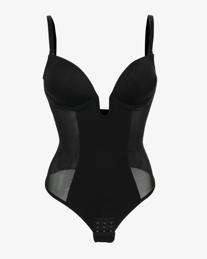 Body de malla con escote profundo, espalda descubierta y tanga moldeadora sexy