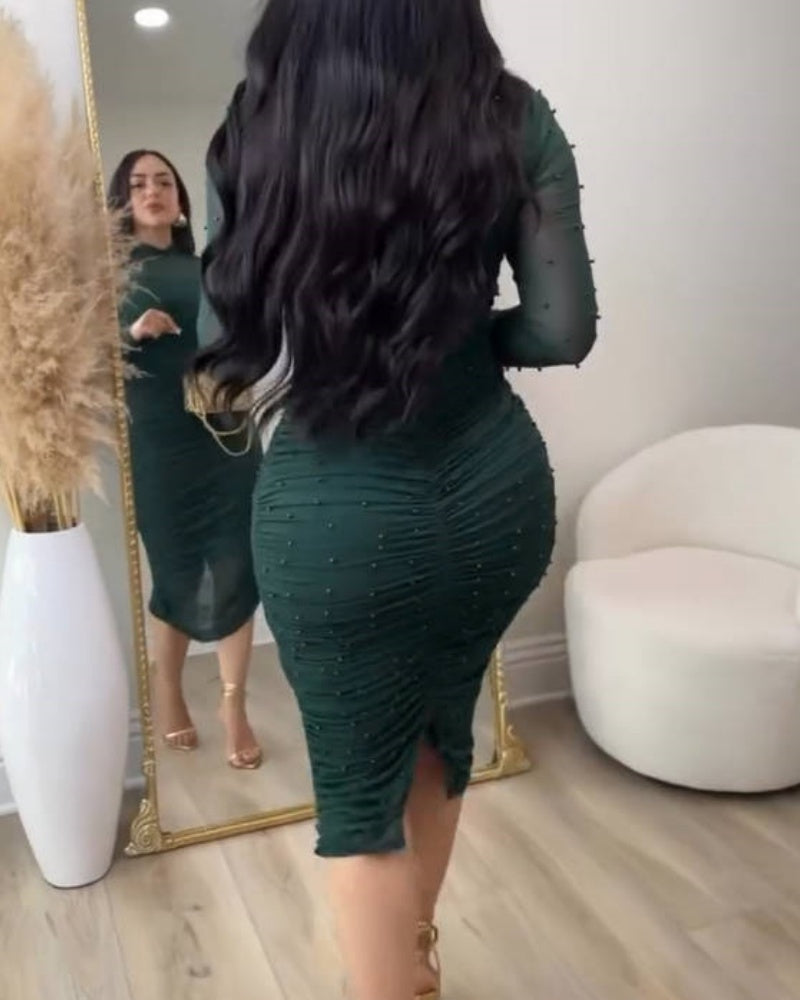 Vestido Midi Ajustado con Paneles de Malla Elegante, Fruncido y Cuello Simulado