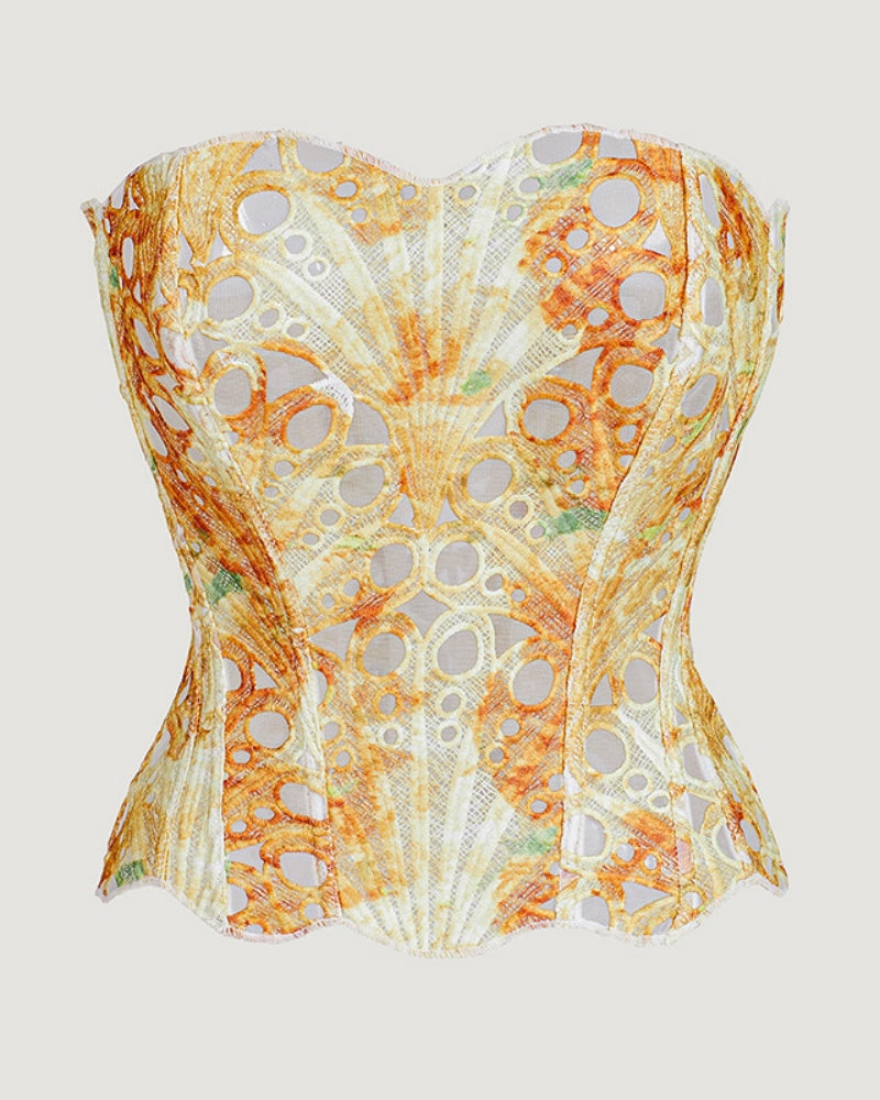 Corset Sexy de Encaje con Malla, Capas Dobles, Control de Abdomen y Lazo Trasero