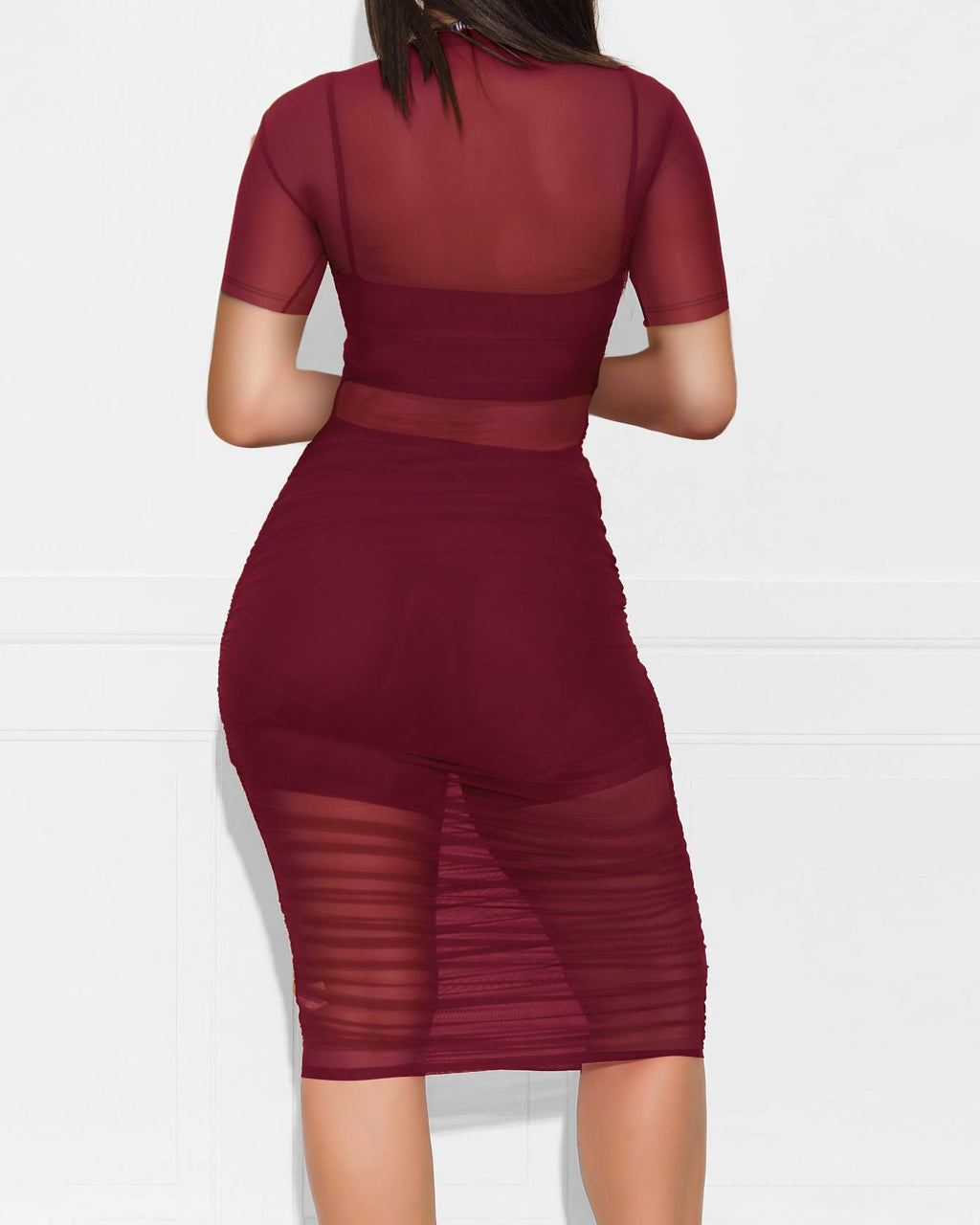 Conjunto de Tres Piezas para Mujer, Sexy, de Malla Transparente con Manga Corta