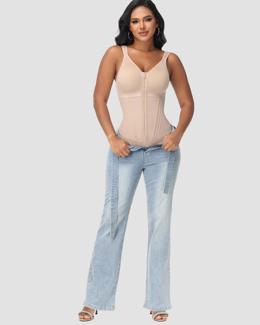 Body con Cremallera Moldeador de Abdomen en Forma de Reloj de Arena de Malla Power de Doble Capa con Sostén
