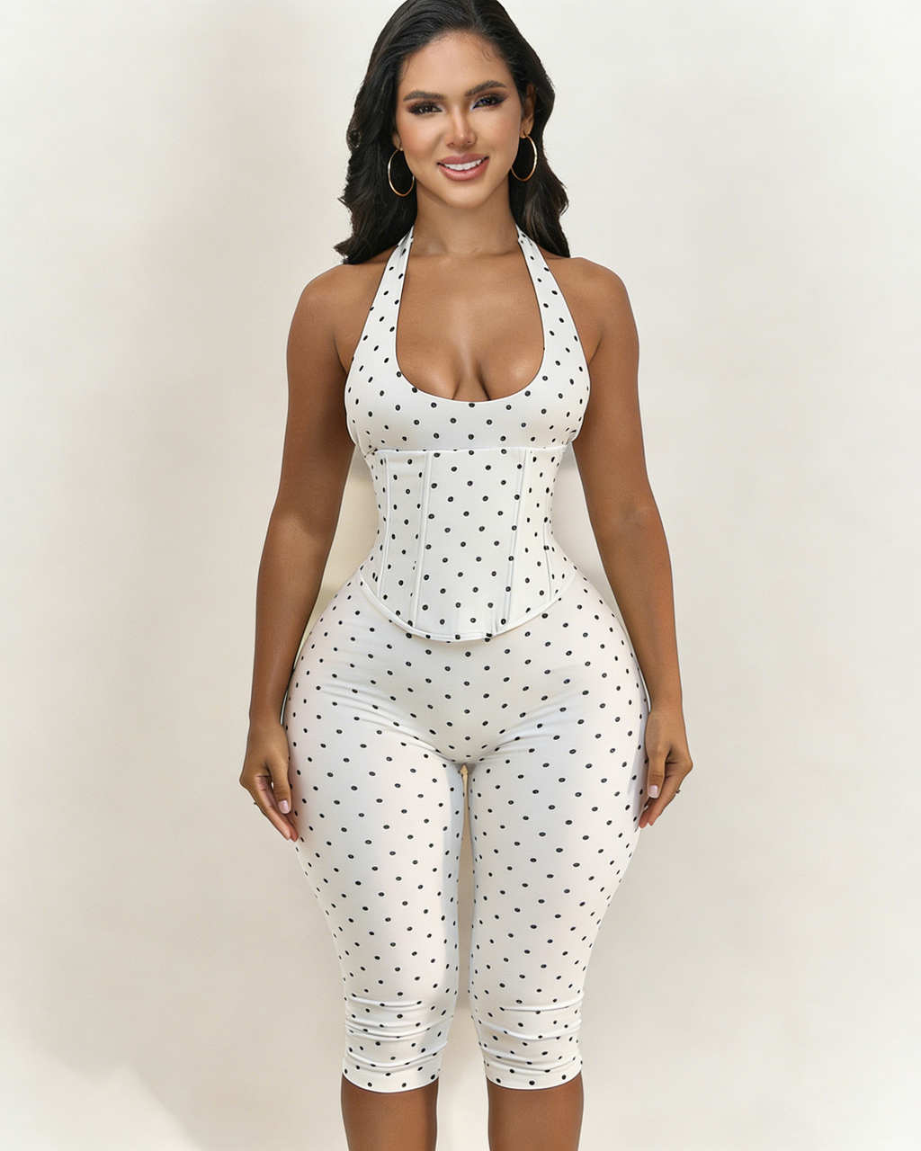 Mono Capri con Cintura de Reloj de Arena y Estampado de Lunares