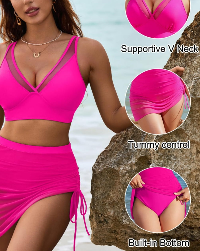 Conjunto de Traje de Baño Moldeador Sexy con Escote Profundo en V y Malla, con Cordón Lateral