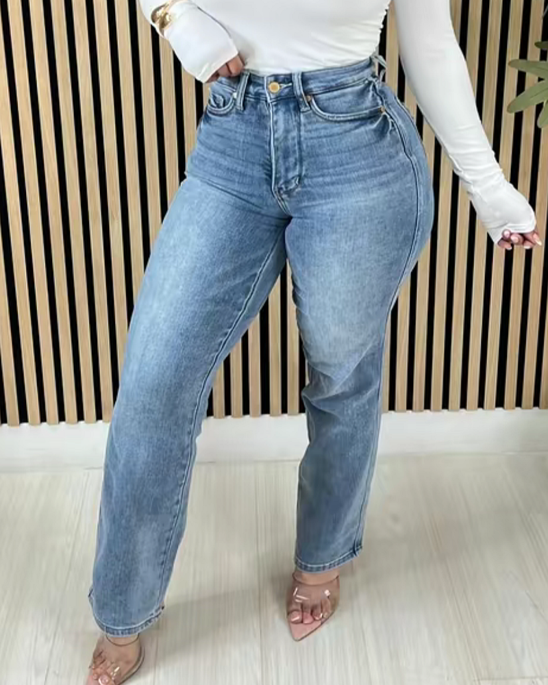 Jeans Acampanados de Cintura Alta Lavados con Control de Abdomen Elegantes